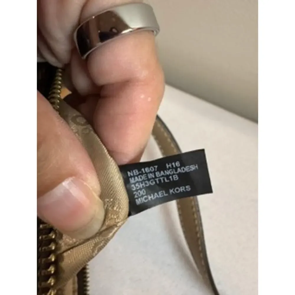 Michael Kors Signature MK Logo Shoulder Bag Brown Tan Gold Hardware